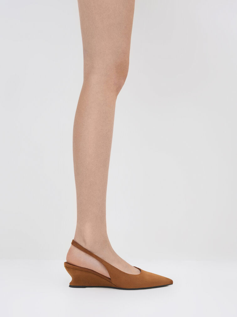 Faux Suede Sculptural-Heel Slingback Wedges, Cognac, hi-res