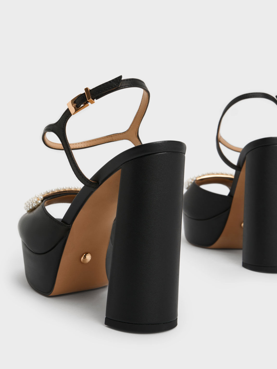 Giày sandals cao gót Bead-Embellished Leather Platform, Đen, hi-res
