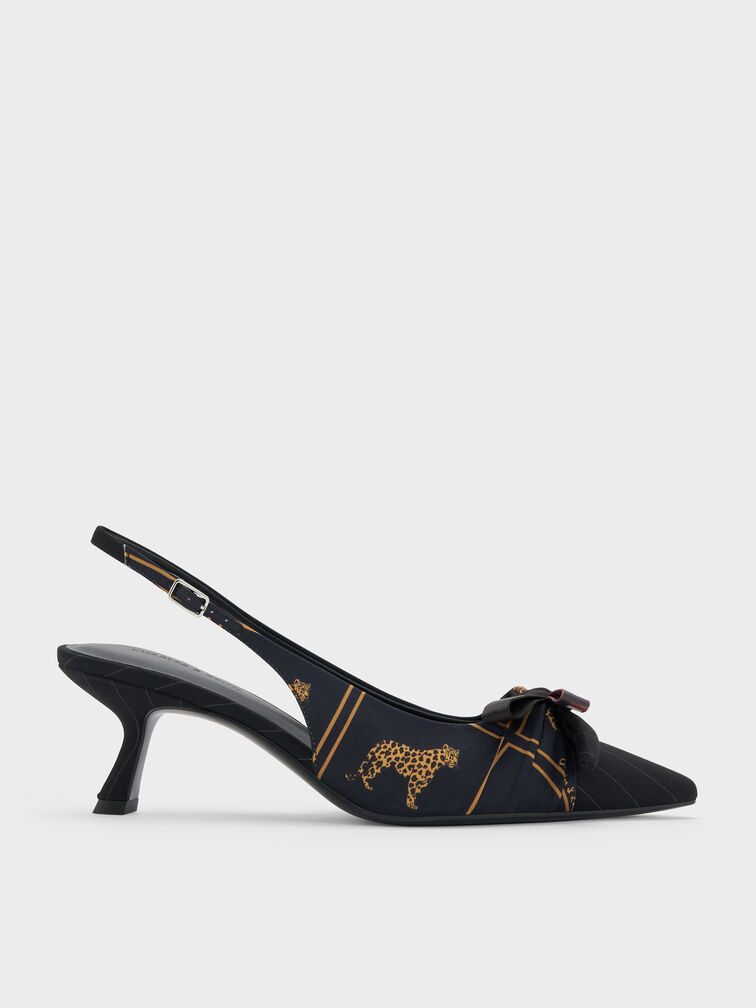 Satin Printed-Bow Pointed Slingback Pumps, Black Textured, hi-res