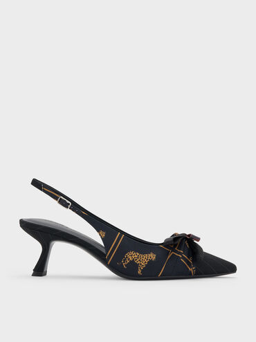 Satin Printed-Bow Pointed Slingback Pumps, Black Textured, hi-res