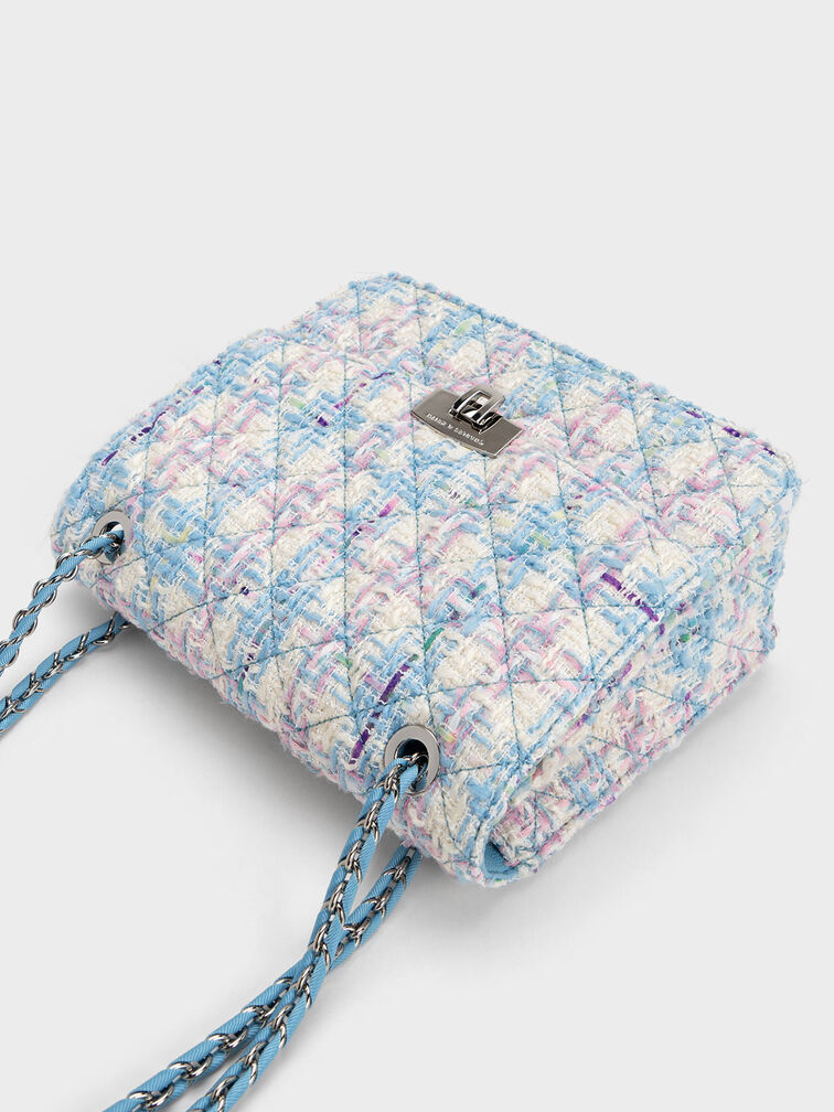 Tweed Quilted Chain Strap Bag, Light Blue, hi-res