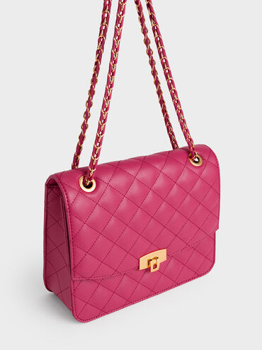 Quilted Chain Strap Clutch, Red, hi-res