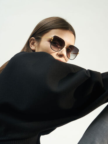 Seraphina Panelled Temples Butterfly Sunglasses, Black, hi-res