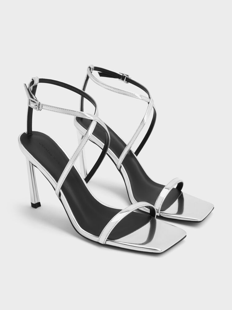 Metallic Strappy Heeled Sandals, Silver, hi-res