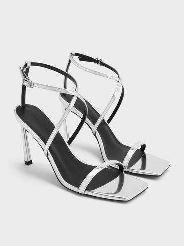 Metallic Strappy Heeled Sandals, Silver, hi-res