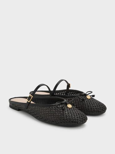 Gi&agrave;y mules đế thấp Raffia, Đen họa tiết, hi-res