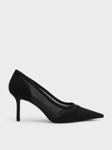 Faux Suede & Mesh Pointed Pumps, Black Textured, hi-res