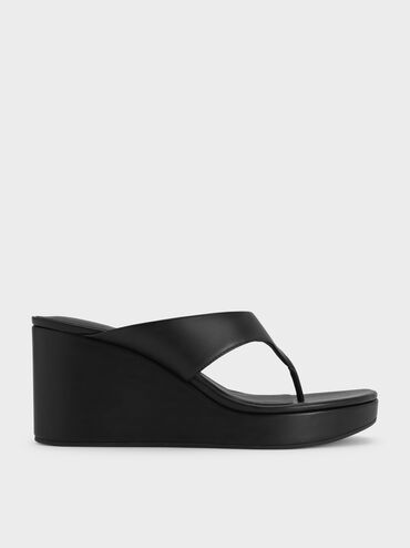 Thong Platform Wedges, Black, hi-res