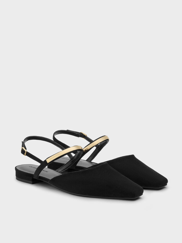 Faux Suede Metallic-Accent Square-Toe Slingback Flats, Black Textured, hi-res