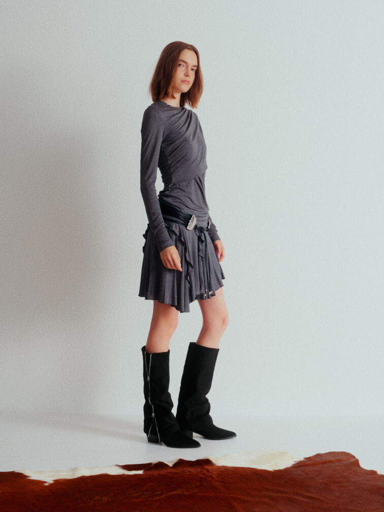 Aether Faux Suede Tassel-Zip Knee-High Boots, Black Textured, hi-res