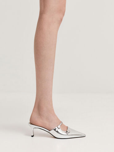 Metallic Leather Gem-Buckle Pointed-Toe Heeled Mules, Silver, hi-res