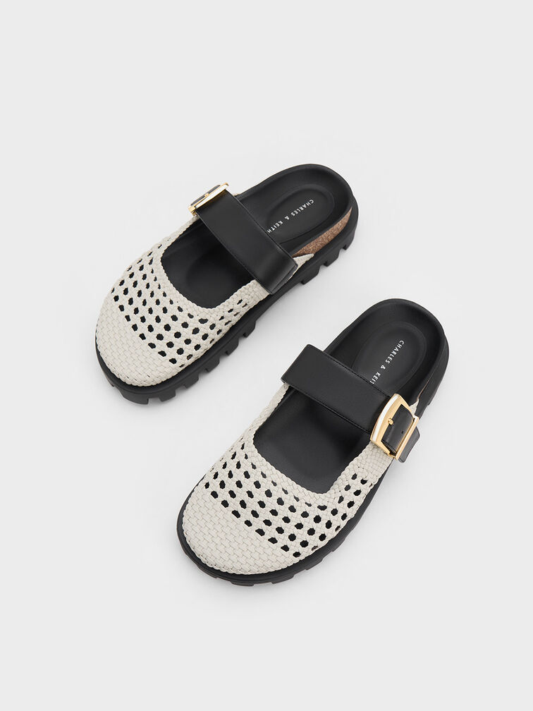 Giày mules Woven Buckled Flat, Trắng, hi-res