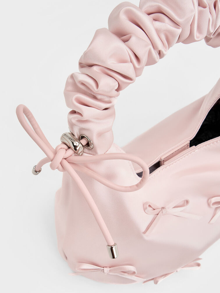 Satin Bow Ruched-Handle Bag, Baby Pink, hi-res