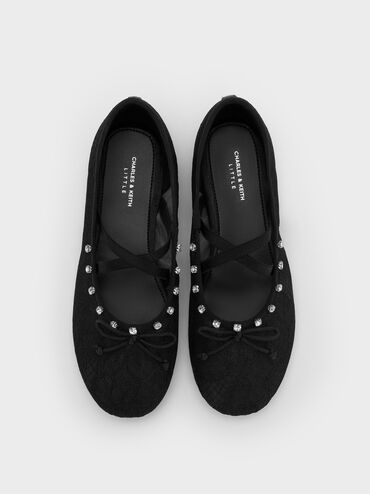 Giày búp bê mũi tròn Lace Crystal, Đen họa tiết, hi-res