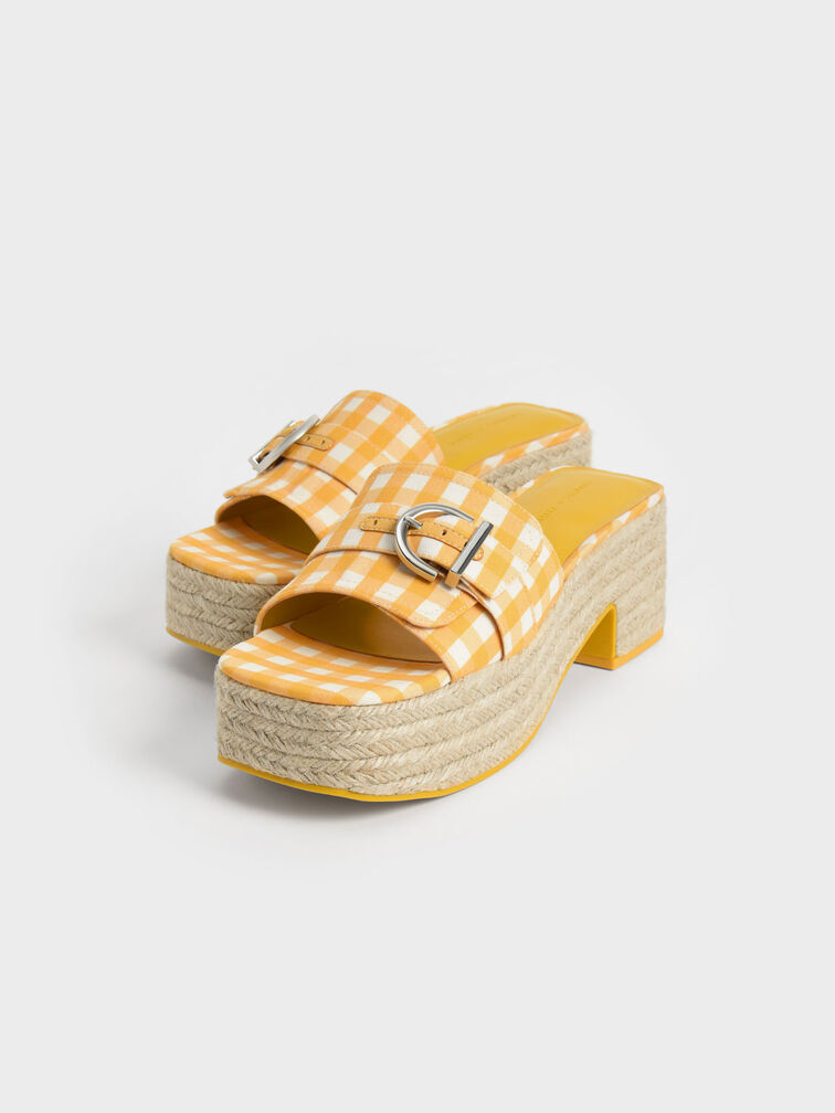 Giày sandals cao gót Buckled Linen Gingham-Print, Vàng, hi-res
