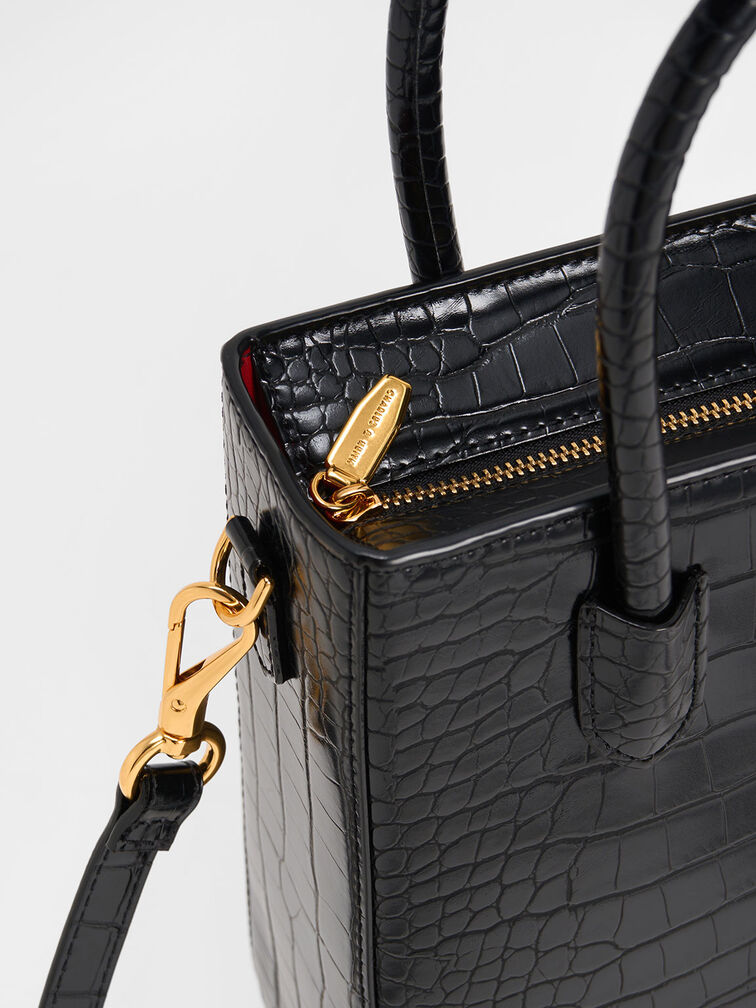 Meriah Croc-Embossed Tote Bag, Black, hi-res