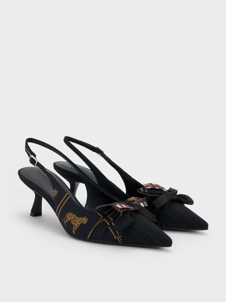 Satin Printed-Bow Pointed Slingback Pumps, Black Textured, hi-res