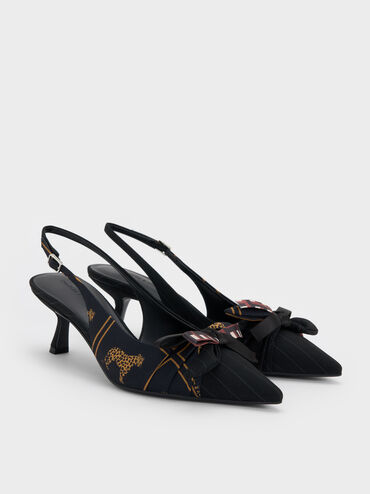 Satin Printed-Bow Pointed Slingback Pumps, Black Textured, hi-res