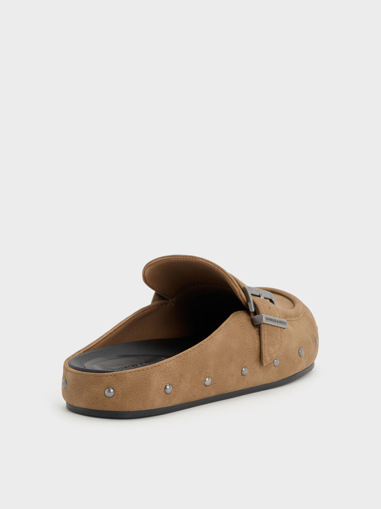 Studded Buckled Flat Mules, Sand, hi-res