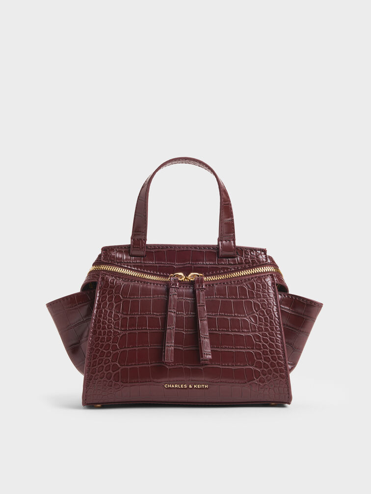 Pansy Trapeze Croc-Effect Top Handle Bag, Wineberry Red, hi-res