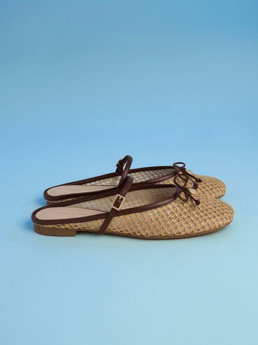 Raffia Bow Mary Jane Mules, Dark Brown Textured, hi-res