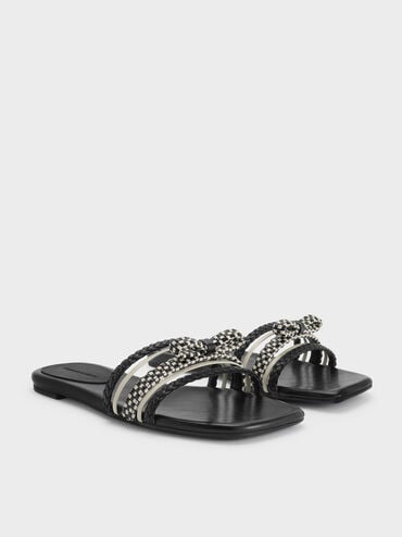 Kaleen Woven-Bow Slide Sandals, Black, hi-res