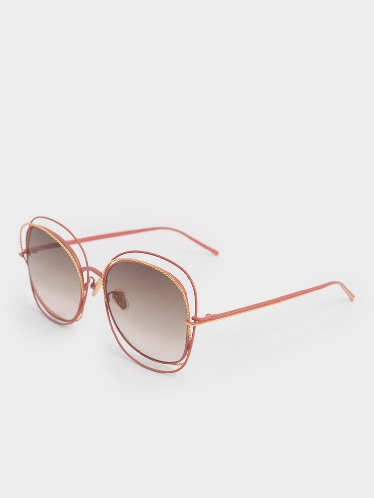 Cut-Out Frame Metallic-Rimmed Butterfly Sunglasses, Pink, hi-res