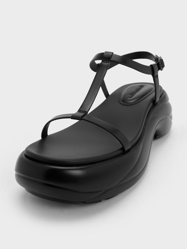Giày sandals đế xuồng T-Bar Curved Platform Sports, Đen, hi-res