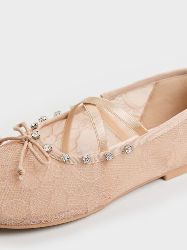 Giày búp bê mũi tròn Lace Crystal, Nude, hi-res