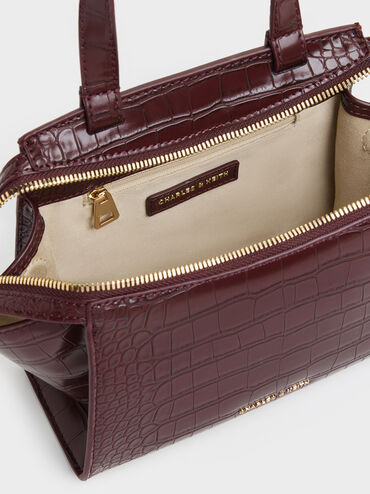 Pansy Trapeze Croc-Effect Top Handle Bag, Wineberry Red, hi-res