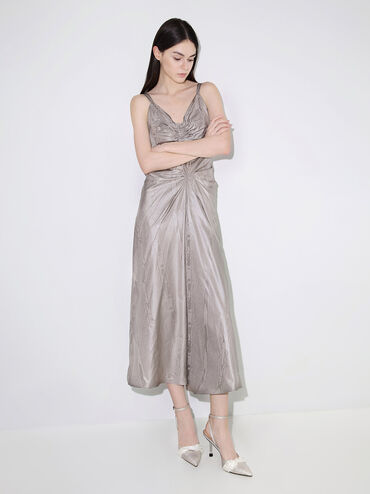 Giày cao gót mũi nhọn Beaded Satin Ankle-Strap, Bạc, hi-res