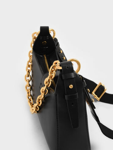 Túi đeo vai nữ phom hình thang Chain Handle, Đen, hi-res