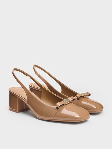 Dorian Patent Bow Block-Heel Slingback Pumps, Caramel, hi-res