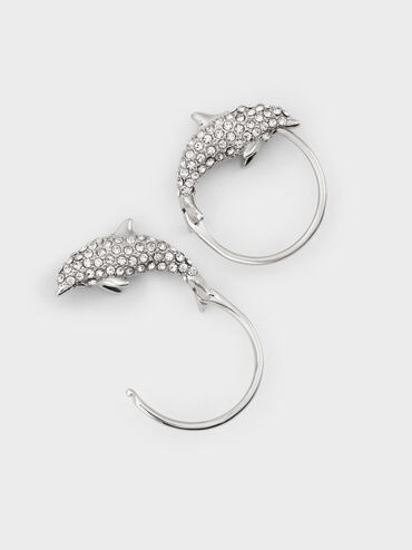 Delfina Crystal-Dolphin Hoop Earrings, Silver, hi-res