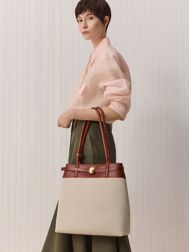 T&uacute;i tote phom chữ nhật Behn Canvas Belted, Gạch, hi-res