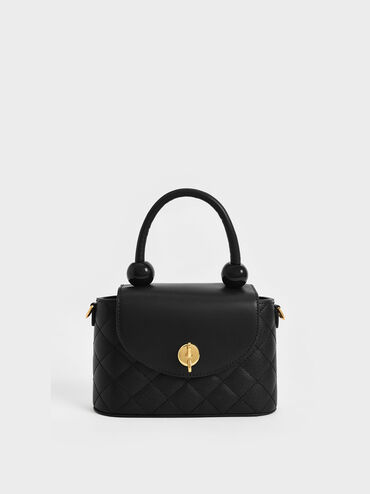 Round Quilted Top Handle Bag, Black, hi-res