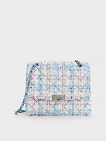 Tweed Quilted Chain Strap Bag, Light Blue, hi-res