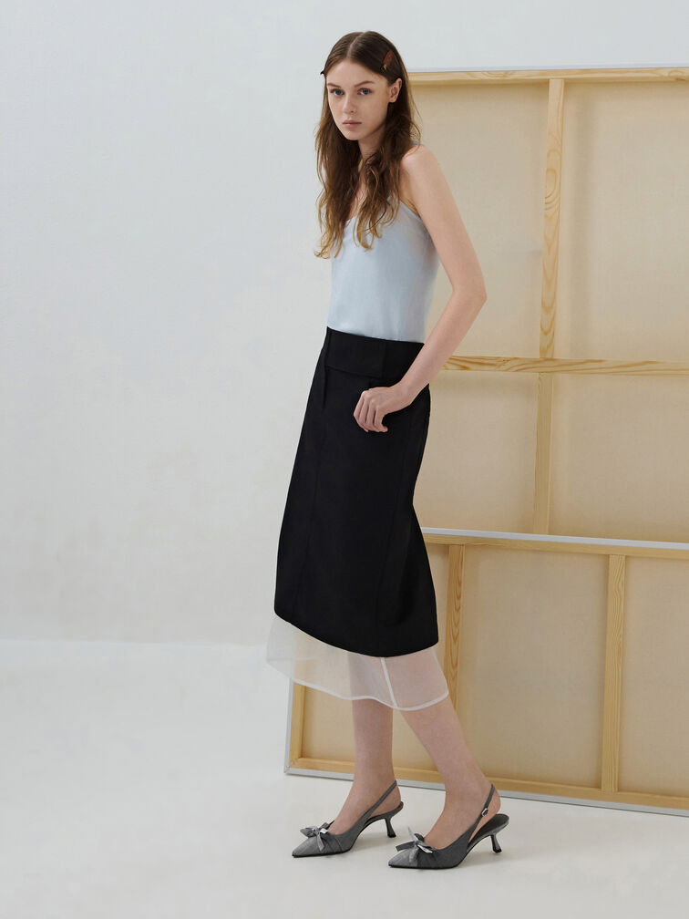 Satin Printed-Bow Pointed Slingback Pumps, Black Textured, hi-res