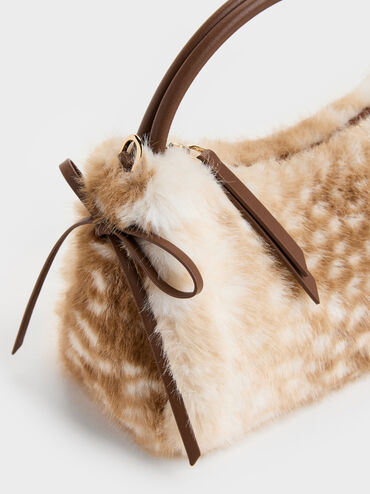 Hazel Furry Deer-Print Bow Top Handle Bag, Animal Print Brown, hi-res