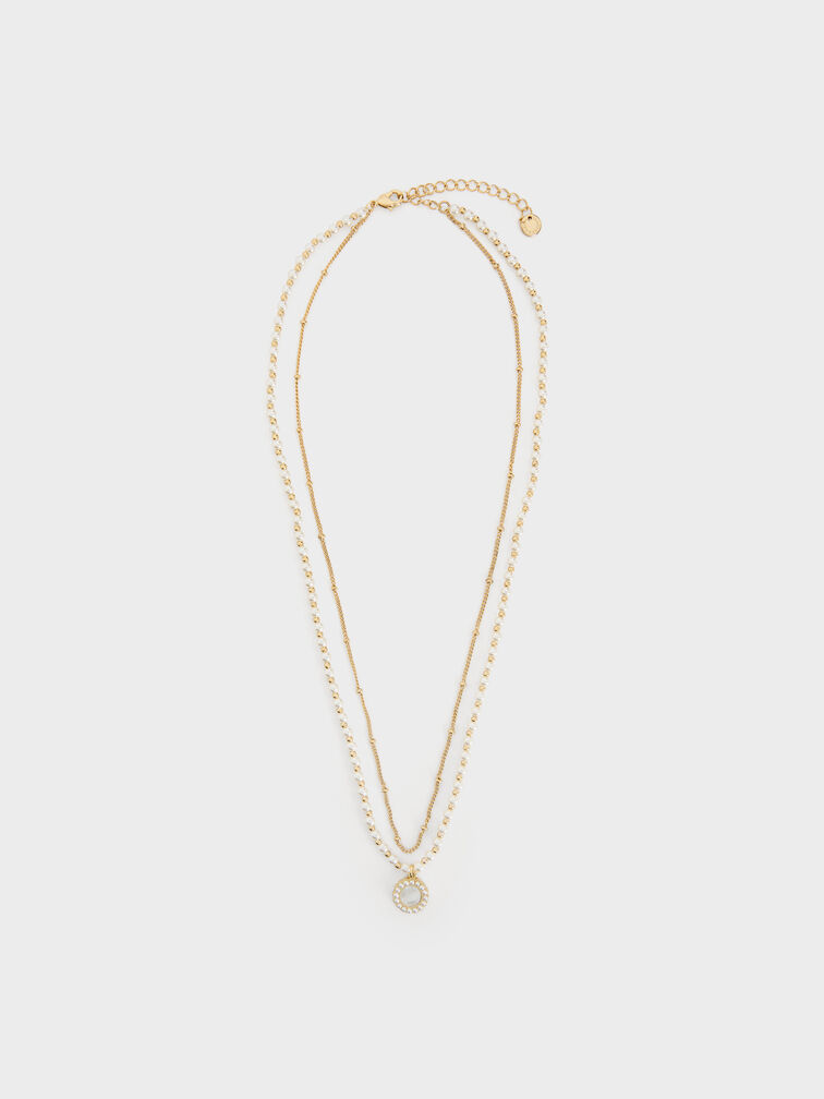 Pearl & Gemstone Double-Chain Necklace, White, hi-res