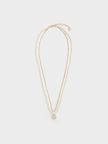 Pearl & Gemstone Double-Chain Necklace, White, hi-res