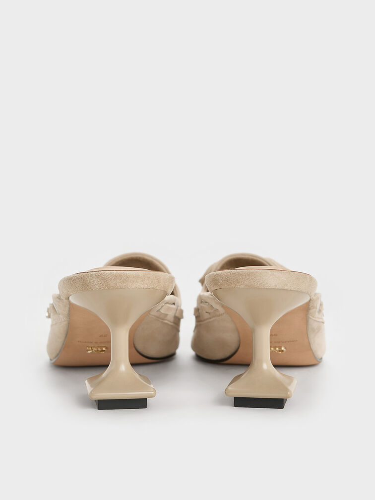 Kori Suede Lace-Up Sculptural-Heel Mules, Beige, hi-res