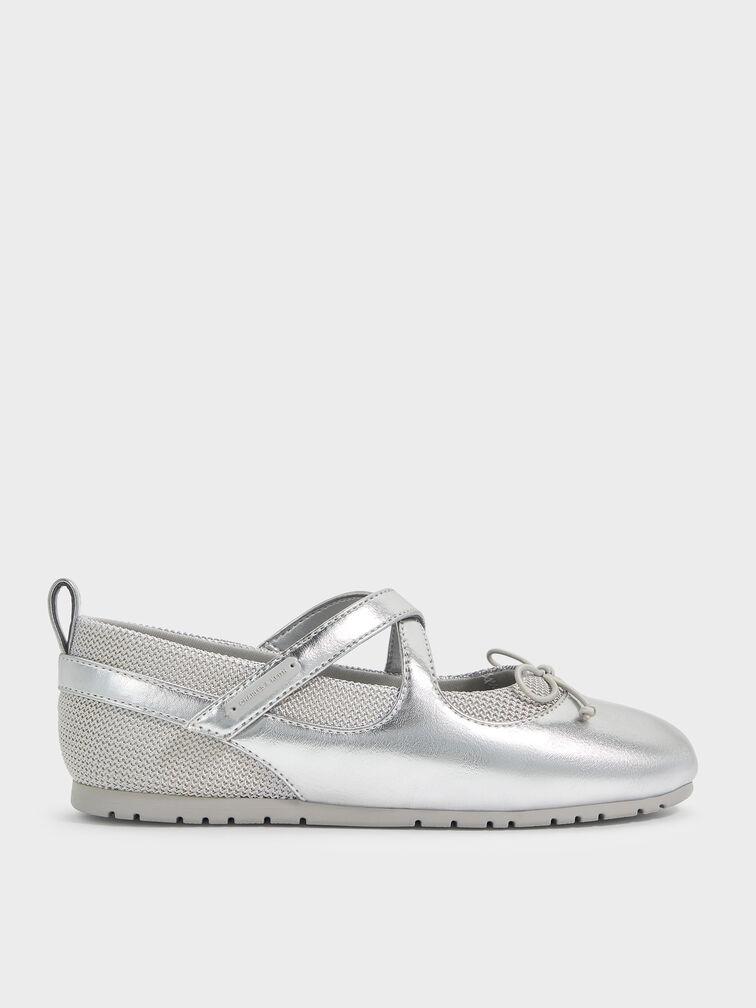 Girls' Metallic Crossover Mary Jane Sneakers, Silver, hi-res