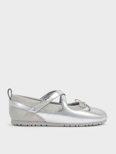 Girls' Metallic Crossover Mary Jane Sneakers, Silver, hi-res