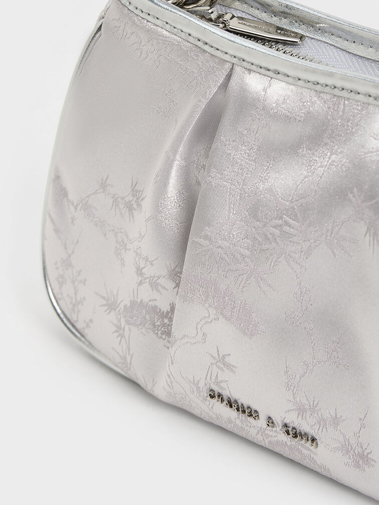 Recycled Satin Floral-Print Shoulder Bag, Silver, hi-res