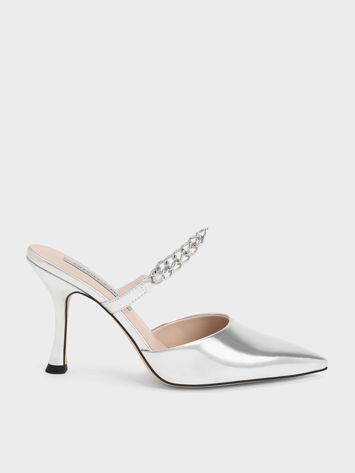 Chain-Link Strap Heeled Mules, Silver, hi-res