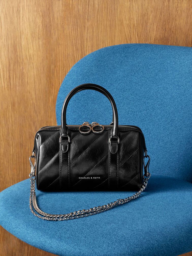 Philomena Panelled Chain-Handle Bowling Bag, Noir, hi-res