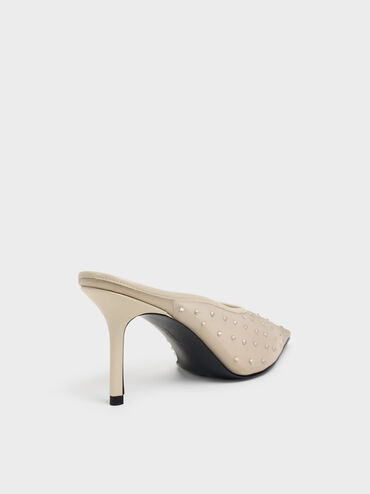 Mesh Crystal Pointed Heeled Mules, Beige, hi-res