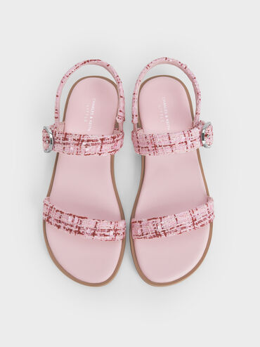 Girls' Tweed Crystal-Buckle Double-Strap Slingback Sandals, Pink, hi-res