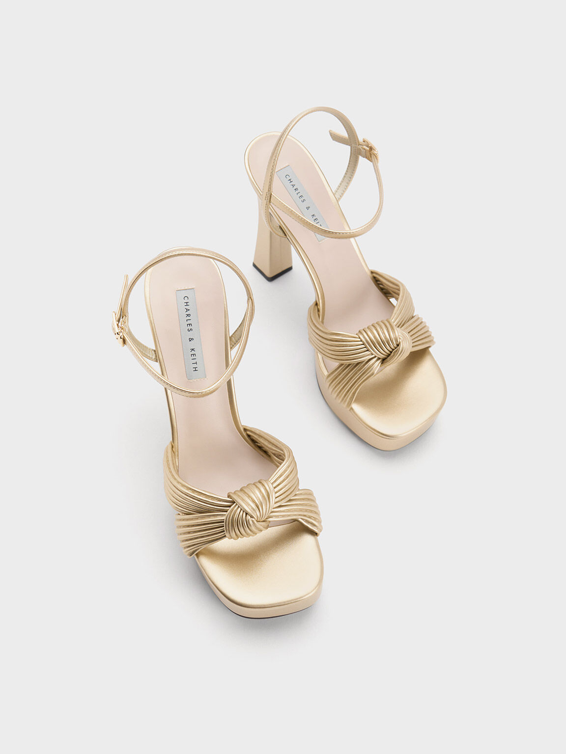 Giày sandals cao gót thắt nút Pleated Knotted Platform, Vàng đồng, hi-res